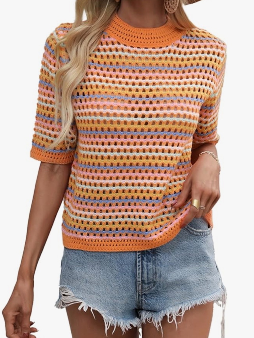 Crochet Orange Pink Yellow open knit Stripe Summer short sleeve sweater Size XL